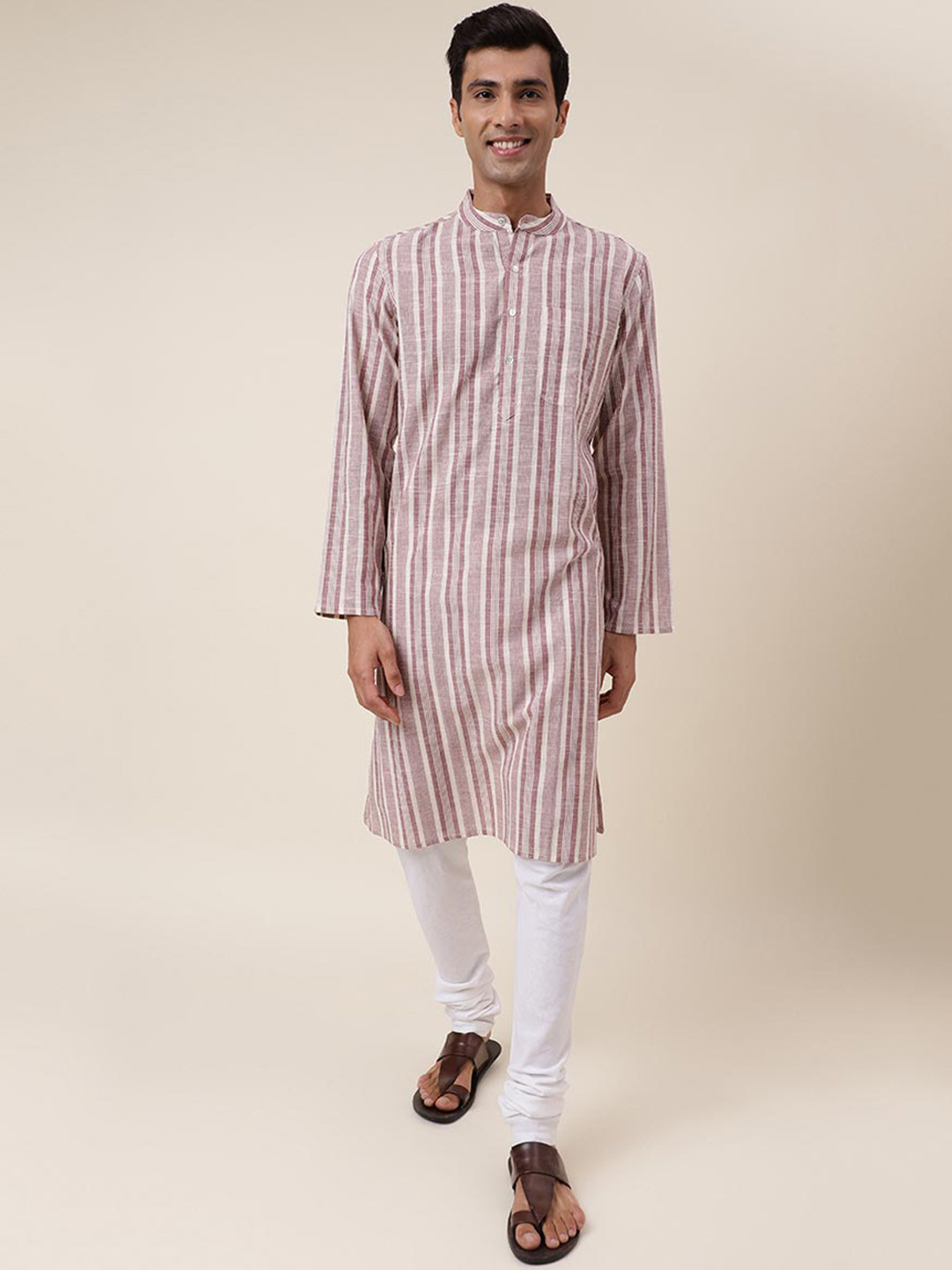 Fabindia Striped Mandarin Collar Pure Cotton Kurta
