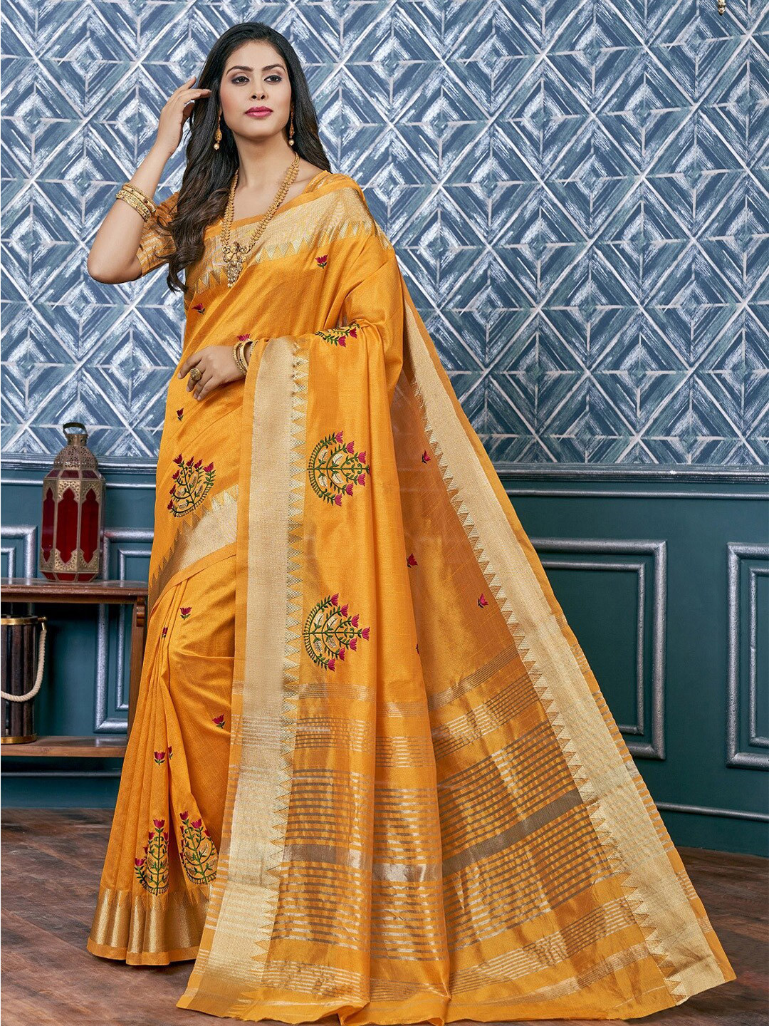 Mitera Yellow & Gold-Toned Ethnic Motifs Embroidered Silk Cotton Saree