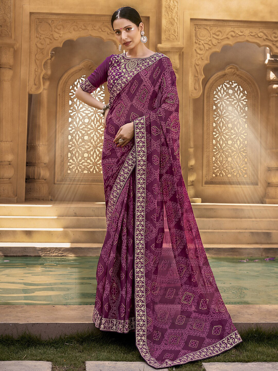 Mitera Purple & Gold-Toned Embroidered Pure Georgette Bandhani Saree