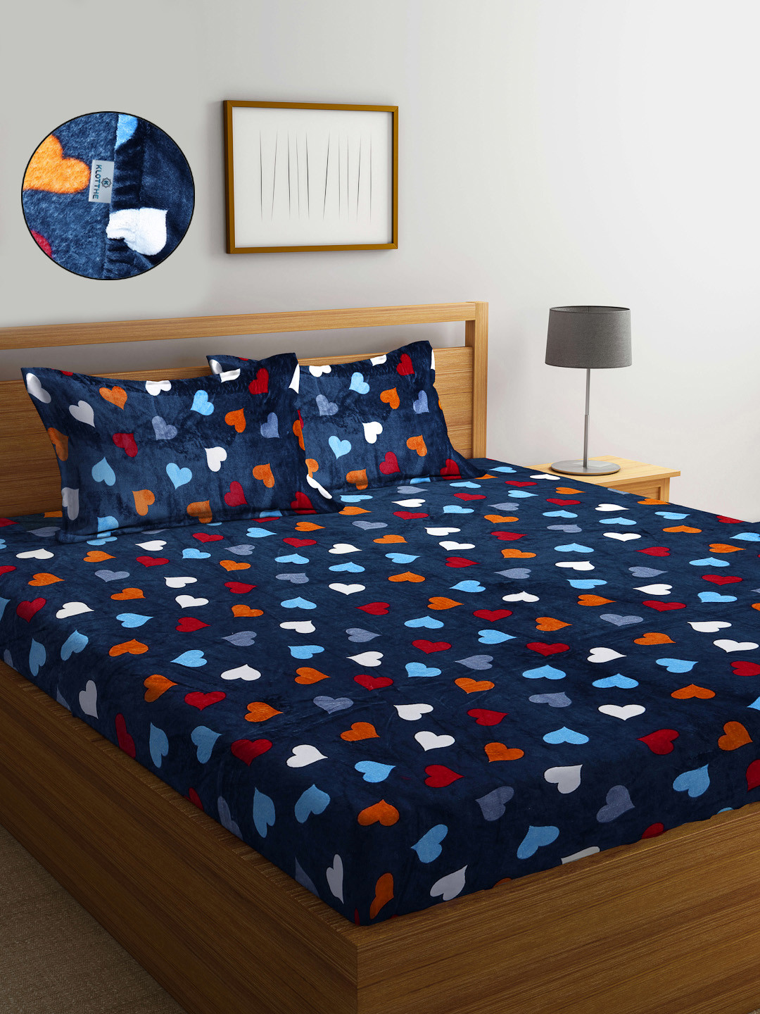 KLOTTHE Blue Floral Wool 300 TC Fitted King Fine Bedsheet with 2 Pillow Covers-98 x 89 inches