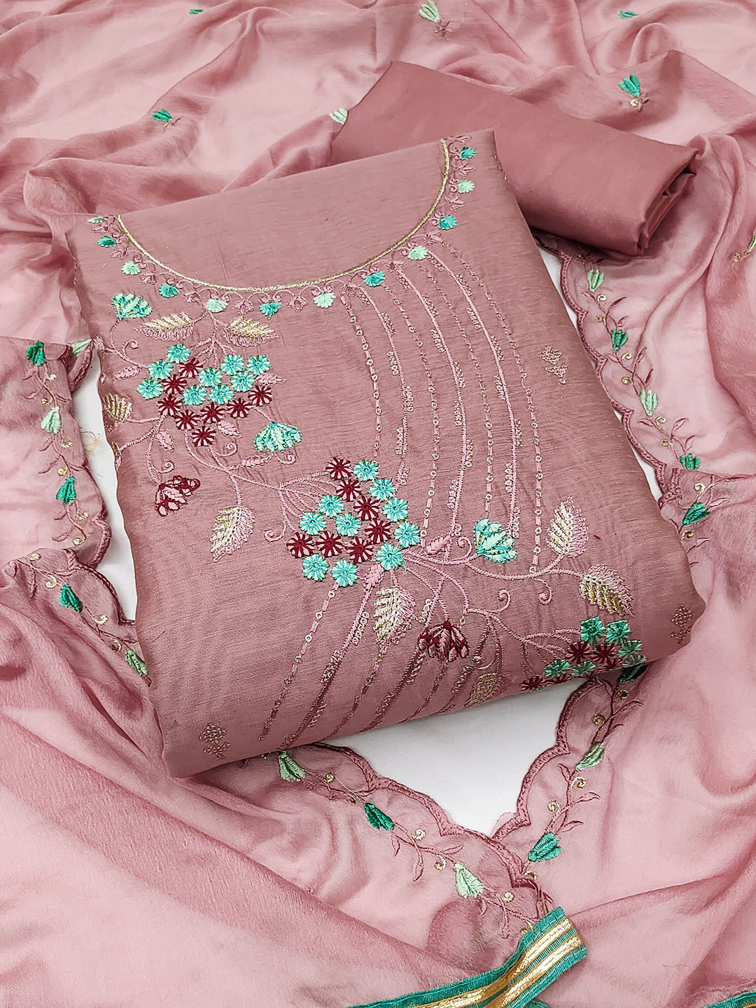 KALINI Floral Embroidered Beads and Stones Unstitched Dress Material