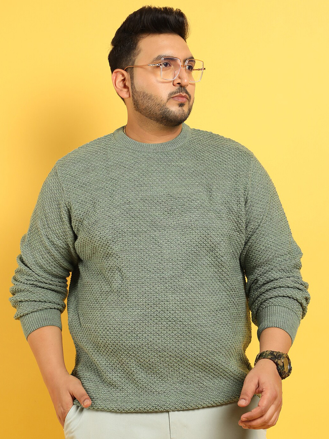 Instafab Plus Textured Cable Knit Woollen Pullover