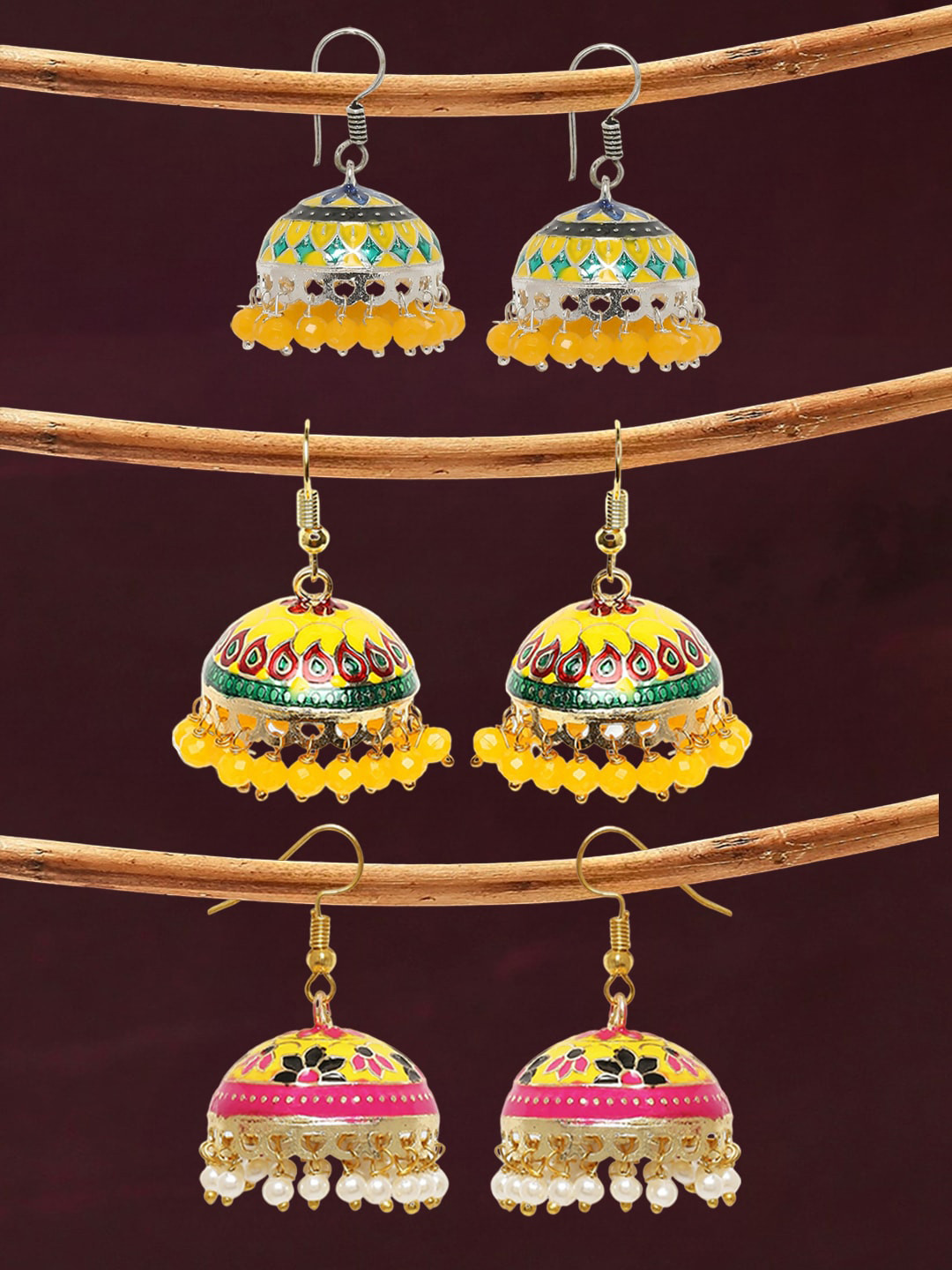 OOMPH Set Of 3 Dome Shaped Meenakari Jhumkas
