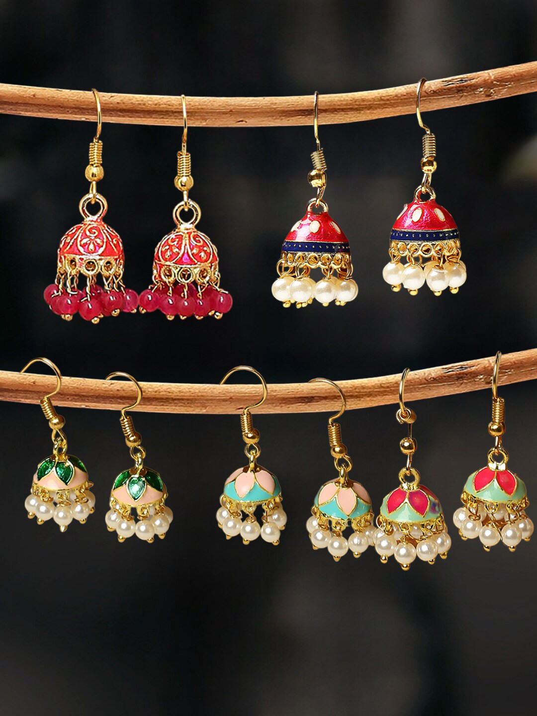 OOMPH Set Of 5 Pearls Beaded Dome Shaped Jhumkas