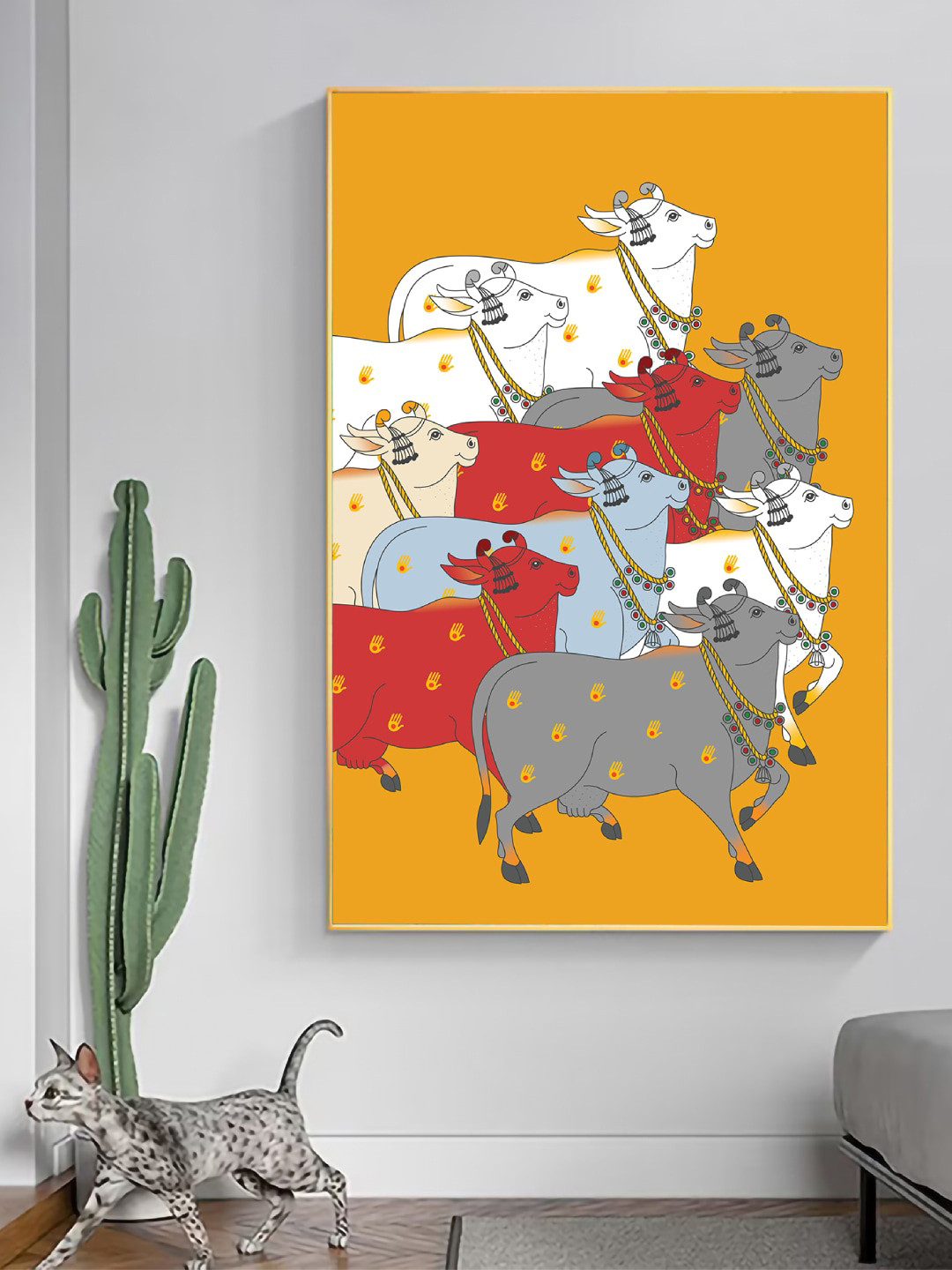 Art Street Yellow & White Cow's Framed Canvas Painting Wall Art