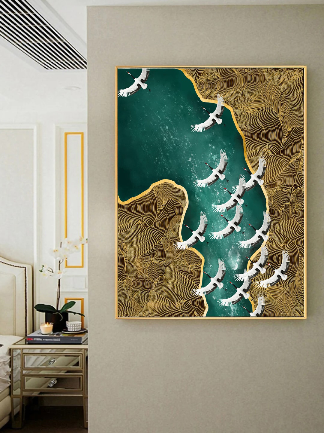 Art Street Golden & Blue Clouds Cranes Birds And Rivers Framed Painting Wall Art
