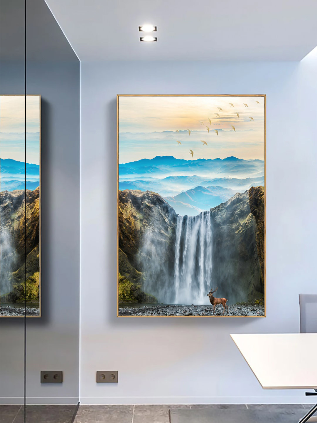 Art Street Blue & Brown Waterfall & Mountain Framed Canvas Painting Wall Art