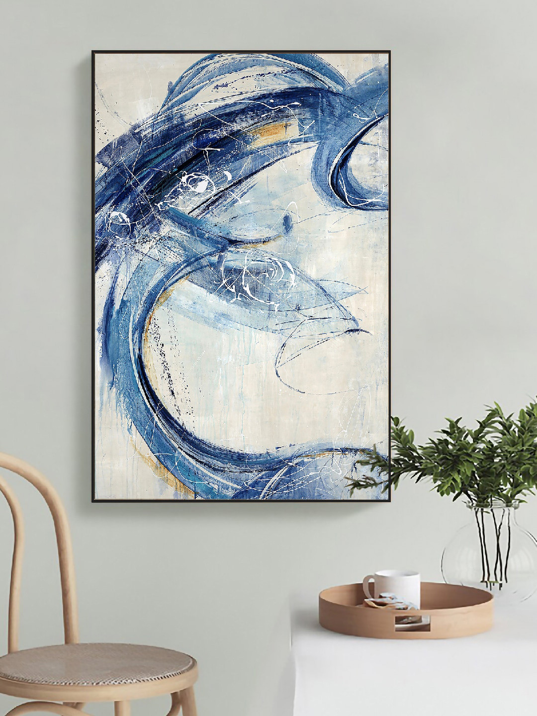 Art Street White & Blue Abstract Waves Painting Wall Art