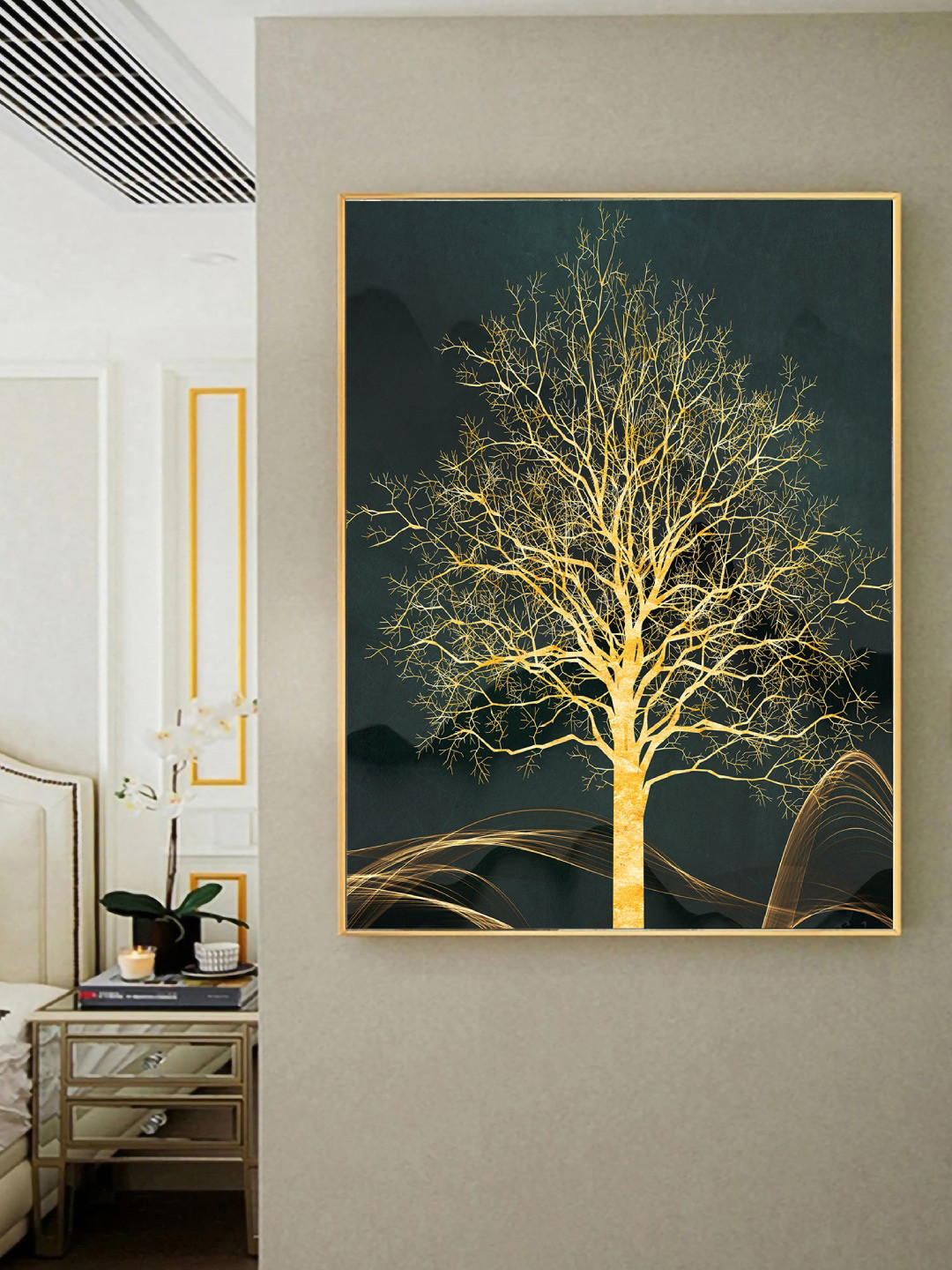 Art Street Gold Toned & Green Tree Framed Canvas Painting Wall Art
