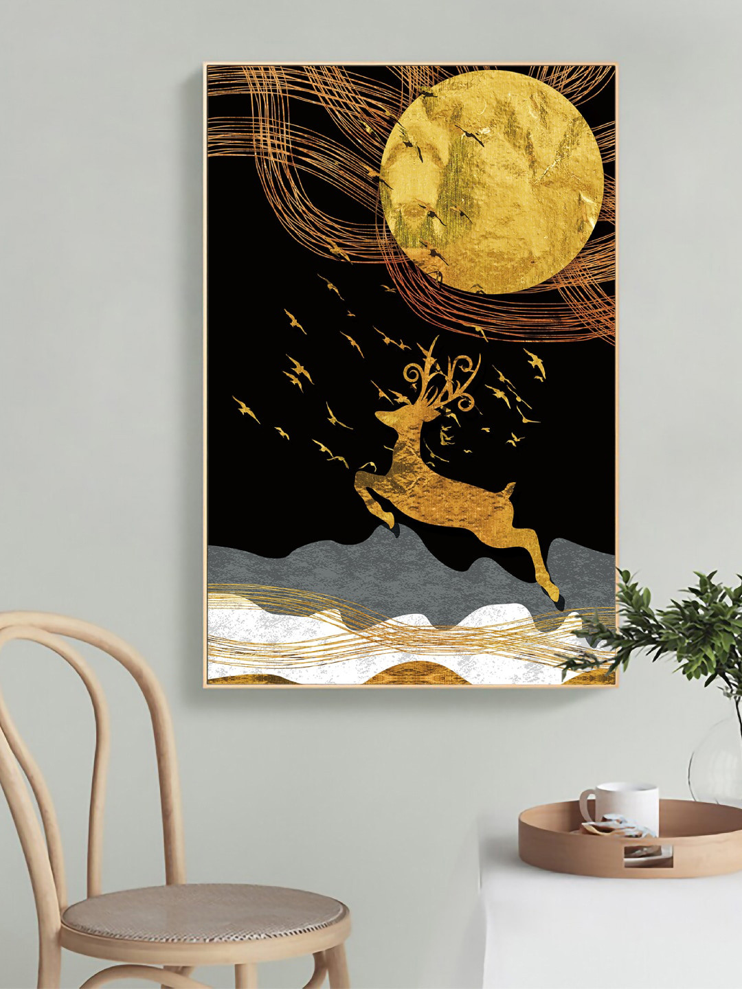 Art Street Yellow & Black Deer Birds Nordic Landscape Printed Framed Wall Art