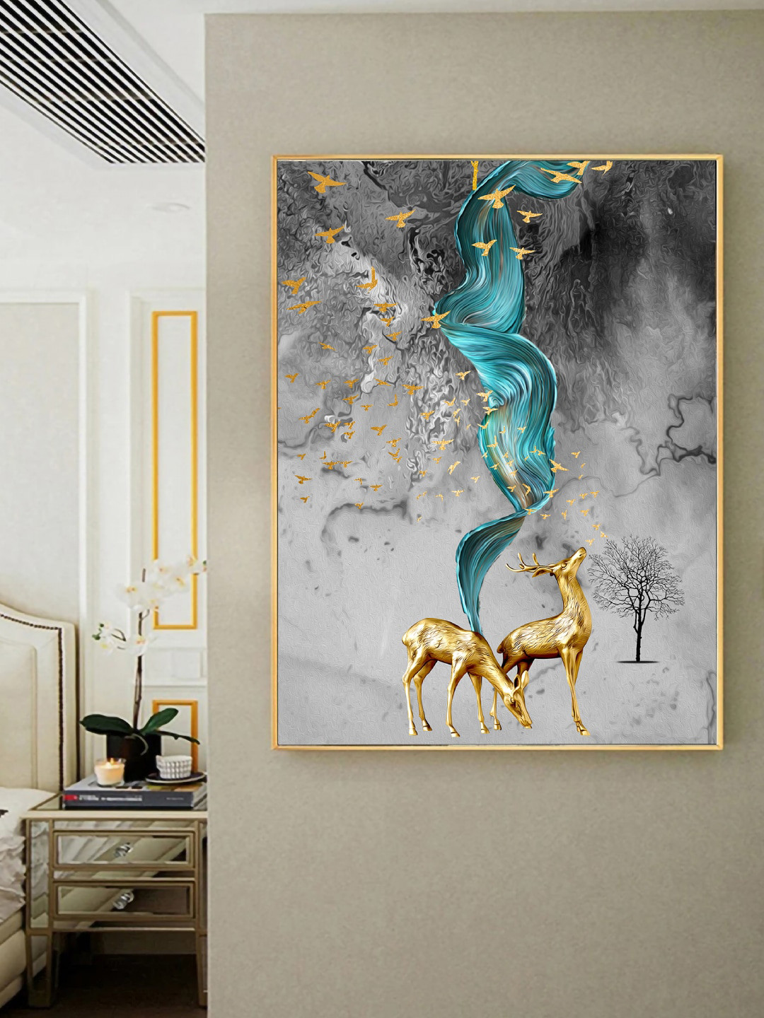 Art Street Beige & Blue Deer With Birds Framed Painting Wall Art