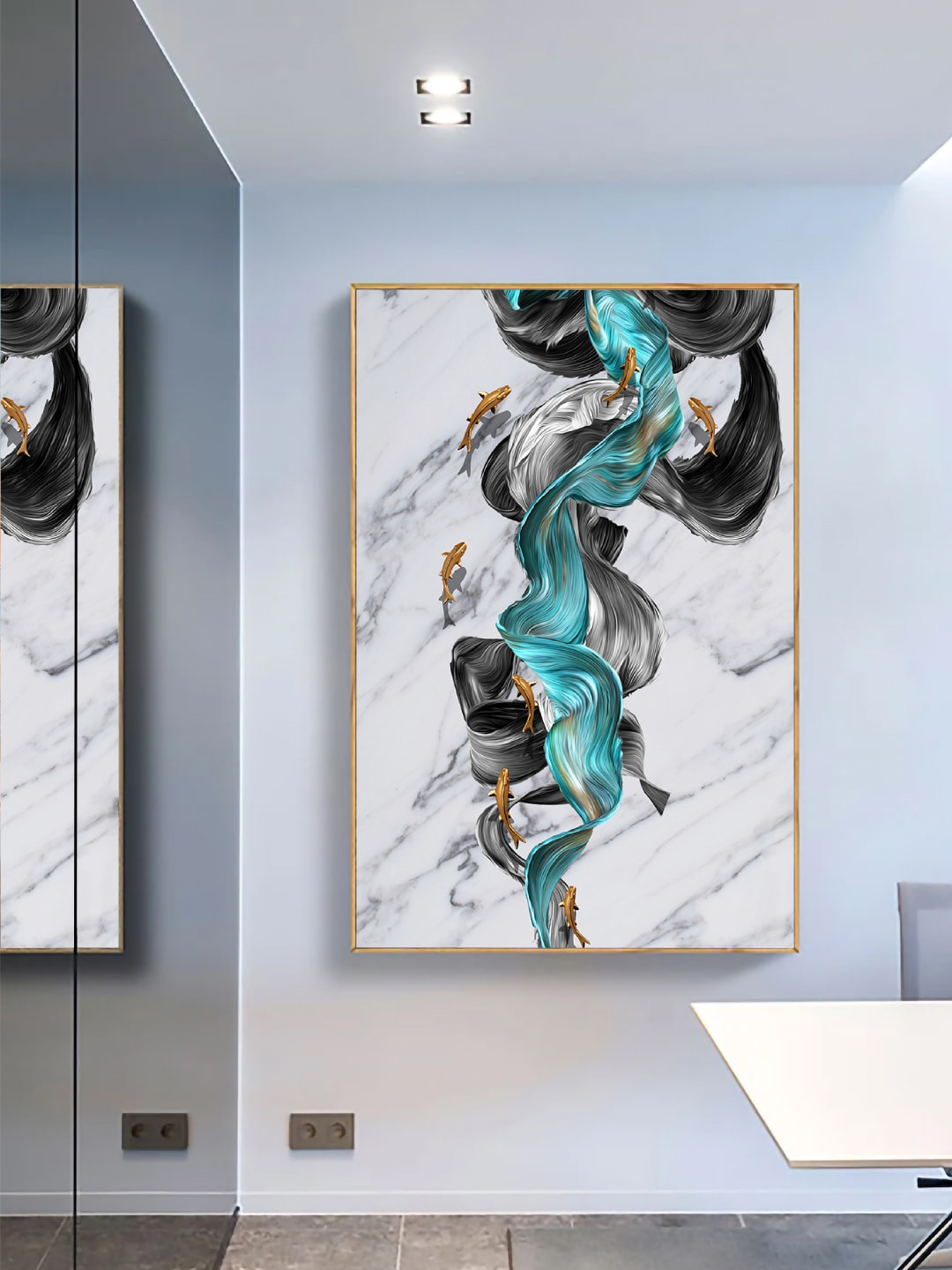 Art Street Green & Black Fish Swim Framed Painting Wall Art