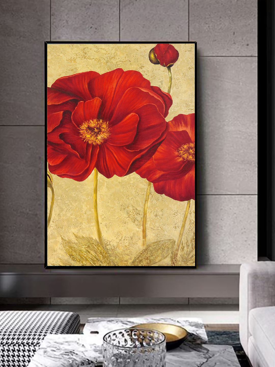 Art Street Retro Poppy Beige & Red Floral Painting Wall Art