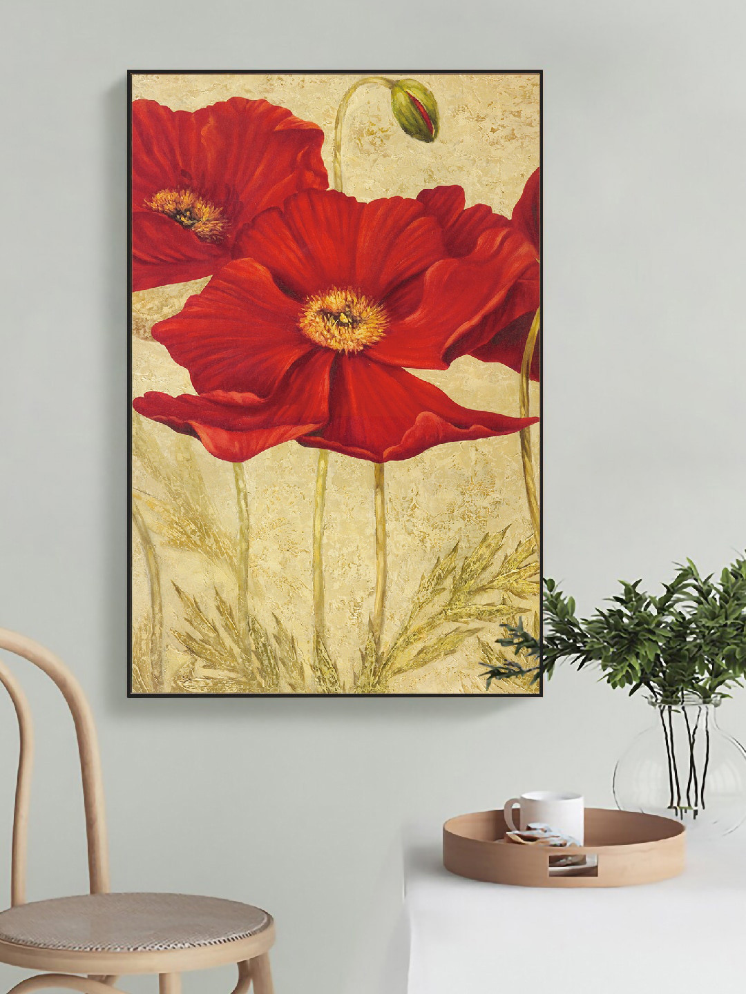 Art Street Retro Poppy Beige & Red Floral Painting Wall Art