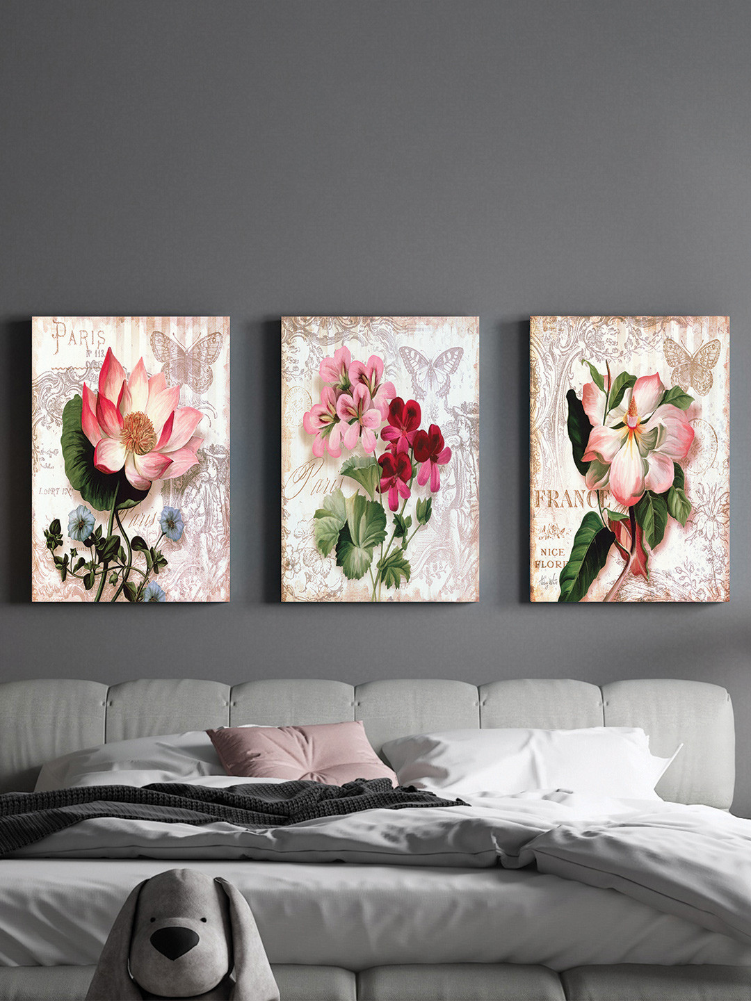 Art Street Lotus & Rose Canvas 3 Piece Wall Rectangle Paintings Wall Art
