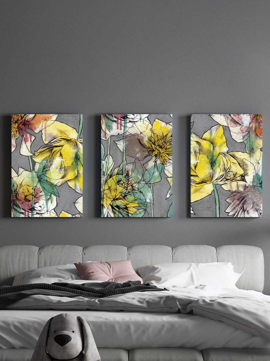 Art Street Yellow & Grey 3 Pieces Scandinavian Watercolour Painted Framed Wall Art