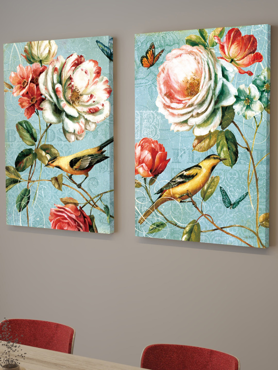 Art Street Blue & Pink 2 Pieces Flower Bird Abstract Wall Art