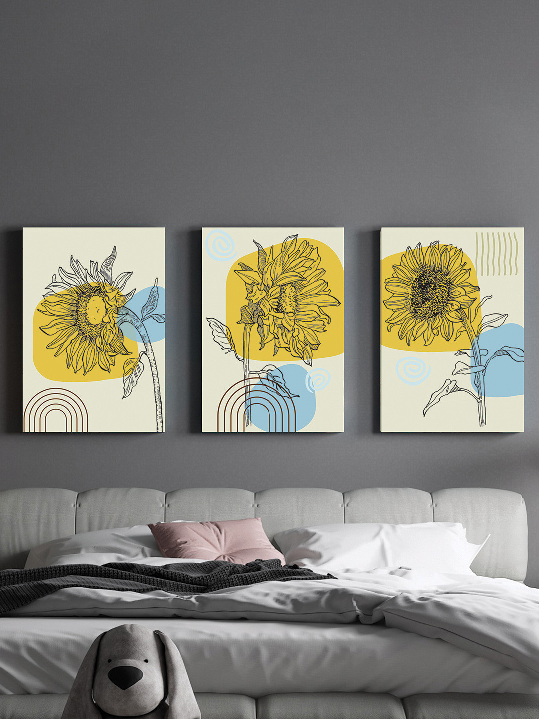 Art Street Yellow & White 3 Pieces Floral Of Sunflower Painted Wall Art