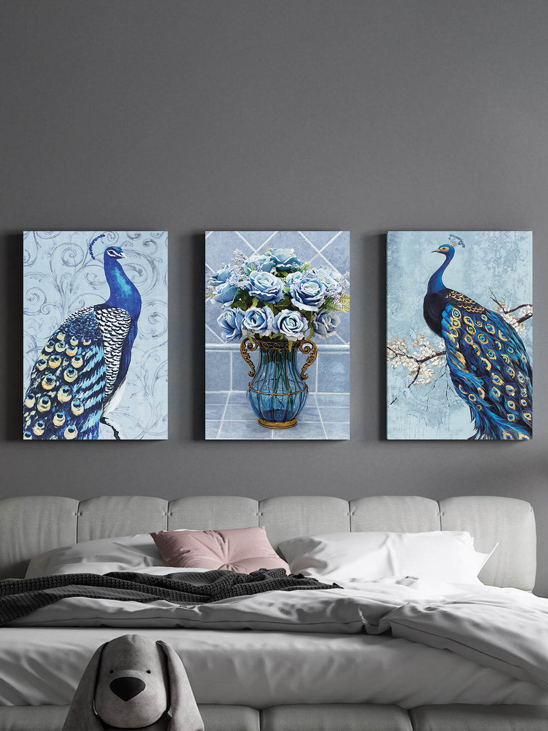 Art Street Green & Blue 3 Pieces Beautiful Peacock & Flower Painting Wall Arts