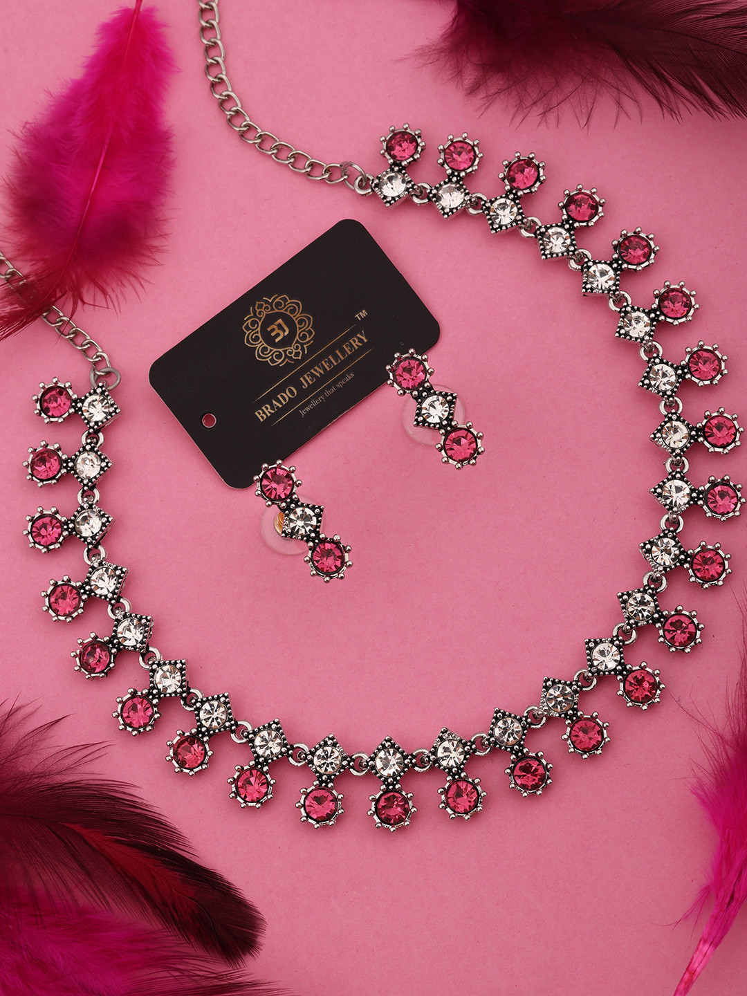 Brado Jewellery Silver-Plated Oxidised Stone Studded Necklace & Earrings Set