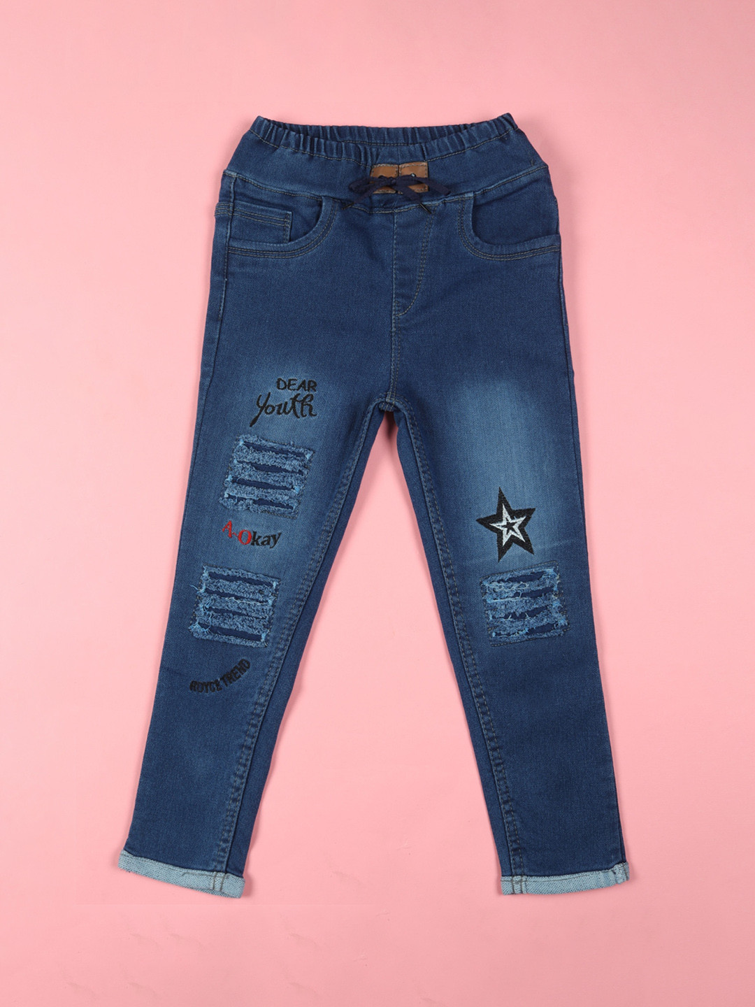 F2M Boys Slim Fit High-Rise Mildly Distressed Embroidered Jeans