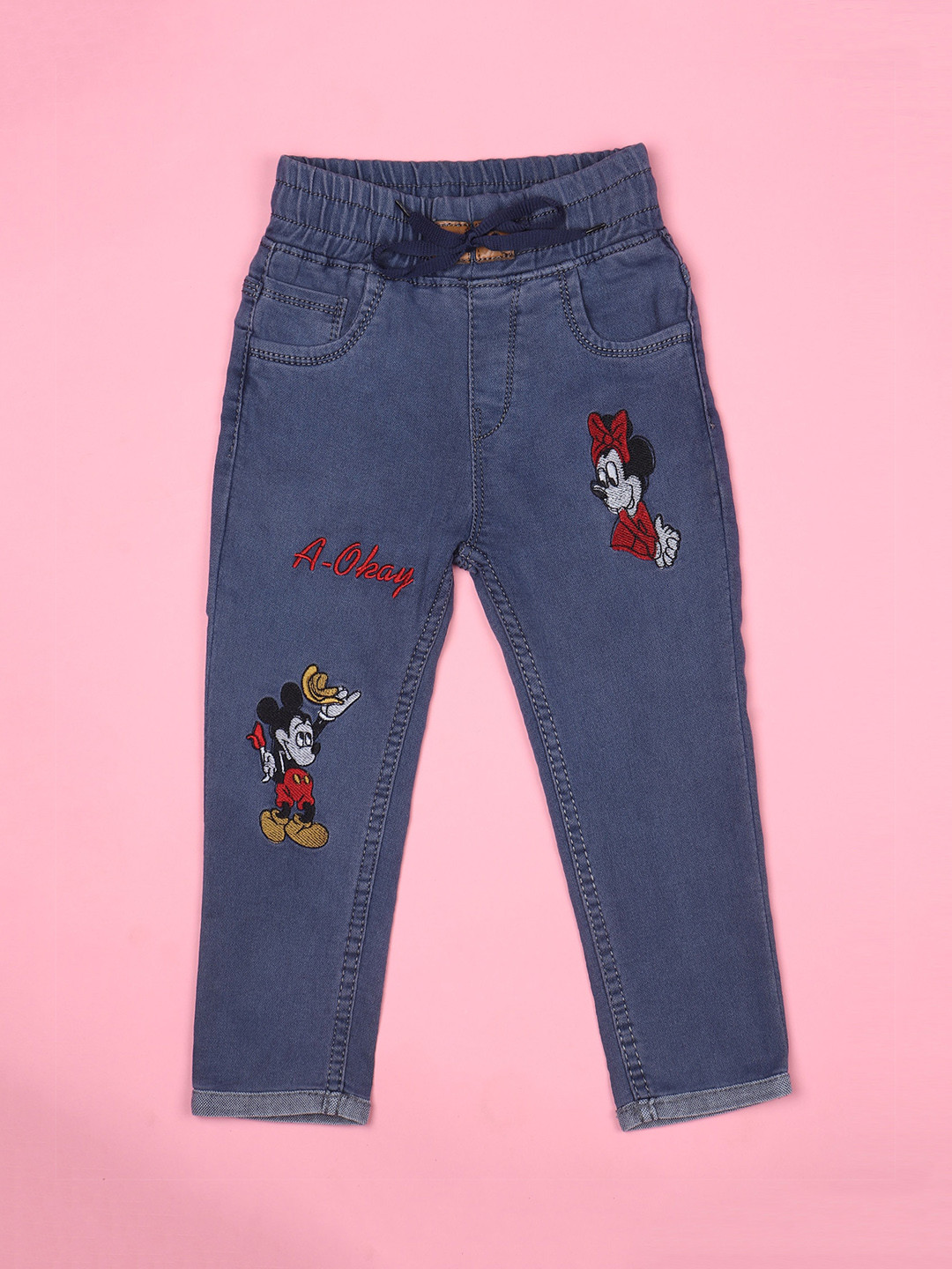 F2M Boys Mickey & Friends Embroidered High-Rise Low Distress Slim Fit Cotton Jeans