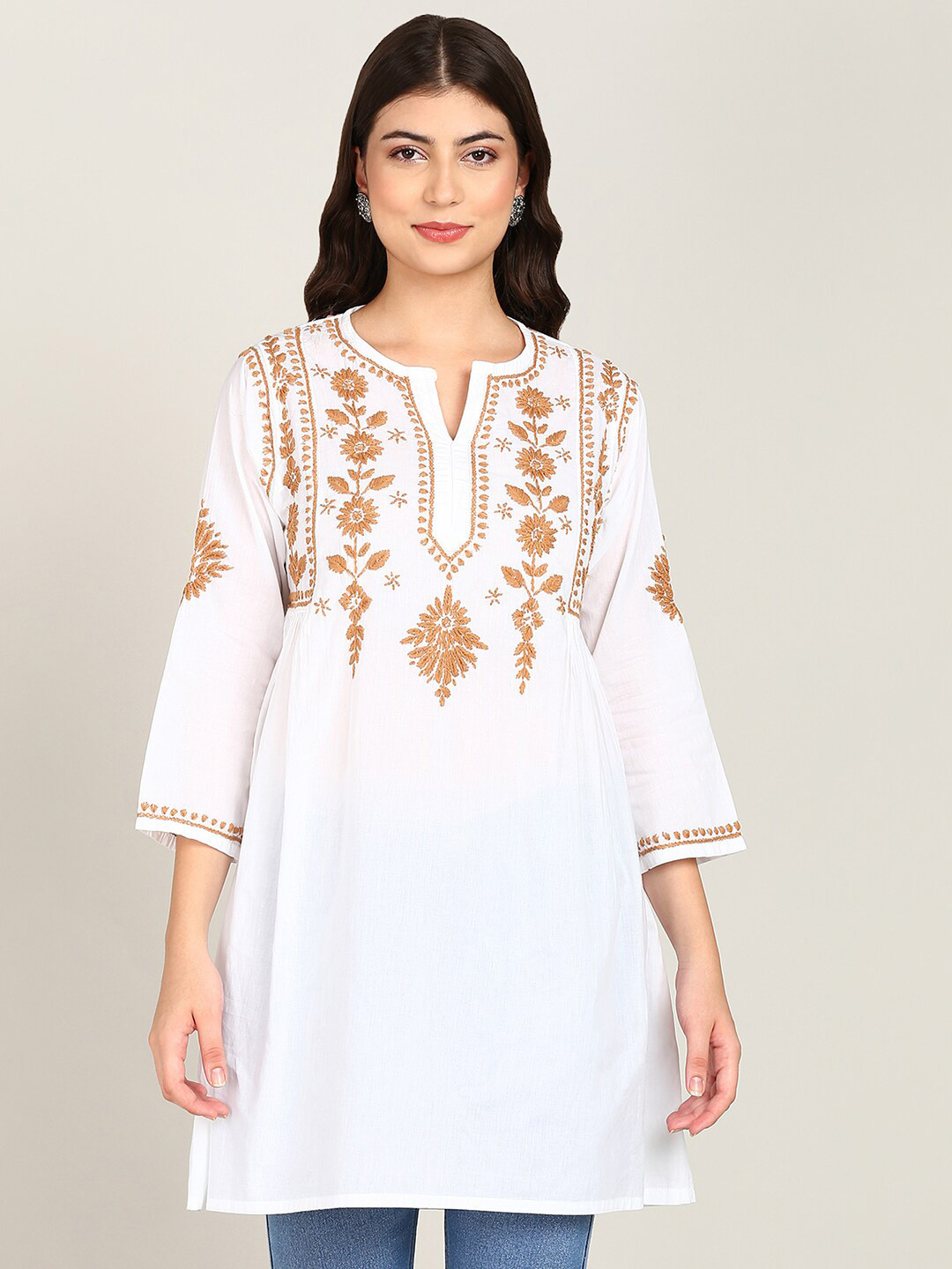 VAHSON Floral Embroidered Pure Cotton A-Line Lucknow Chikankari Kurti