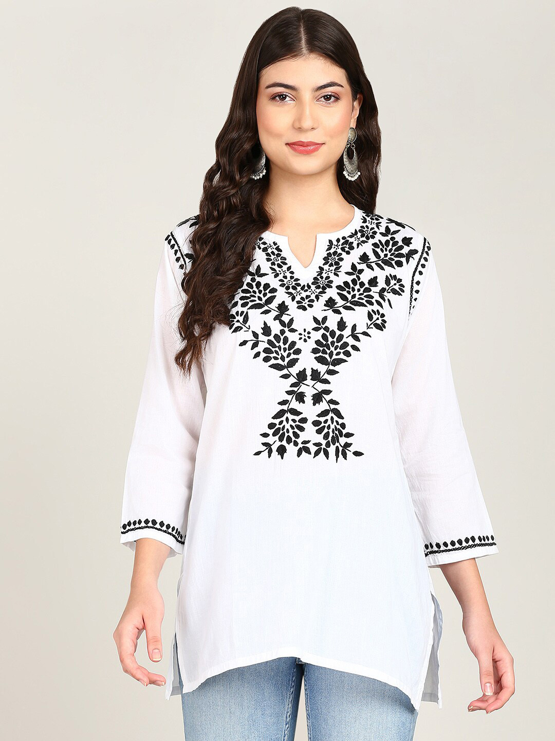 VAHSON Floral Embroidered Pure Cotton A-Line White Lucknowi Chikankari Kurti