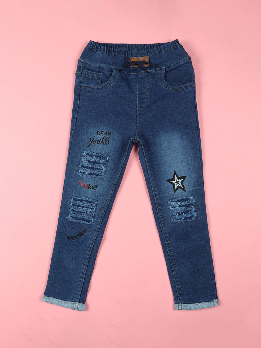 F2M Girls Slim Fit High-Rise Highly Distressed Embroidered Jeans
