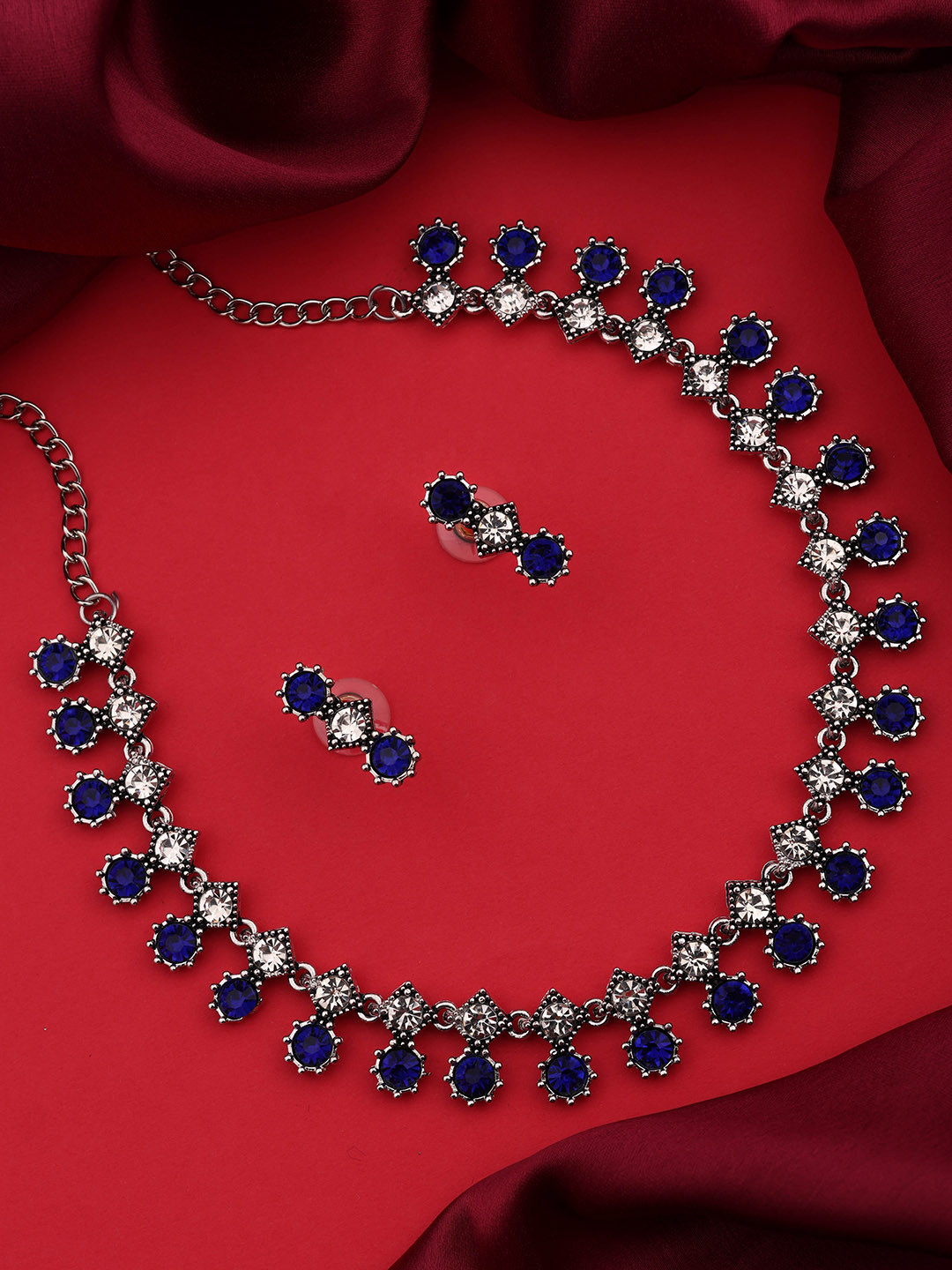 Brado Jewellery Oxidised Silver-Plated AD-Studded Necklace & Earrings Set