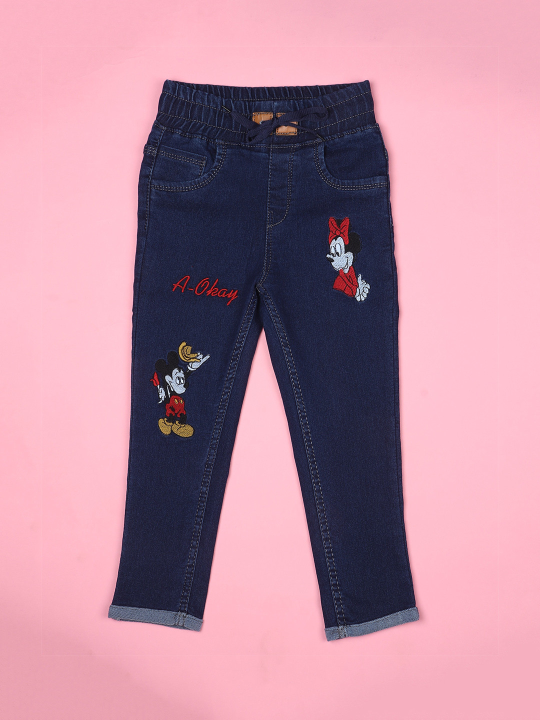F2M Kids Slim Fit High Rise Clean Look Mickey & Minnie Mouse Embroidered Stretchable Jeans