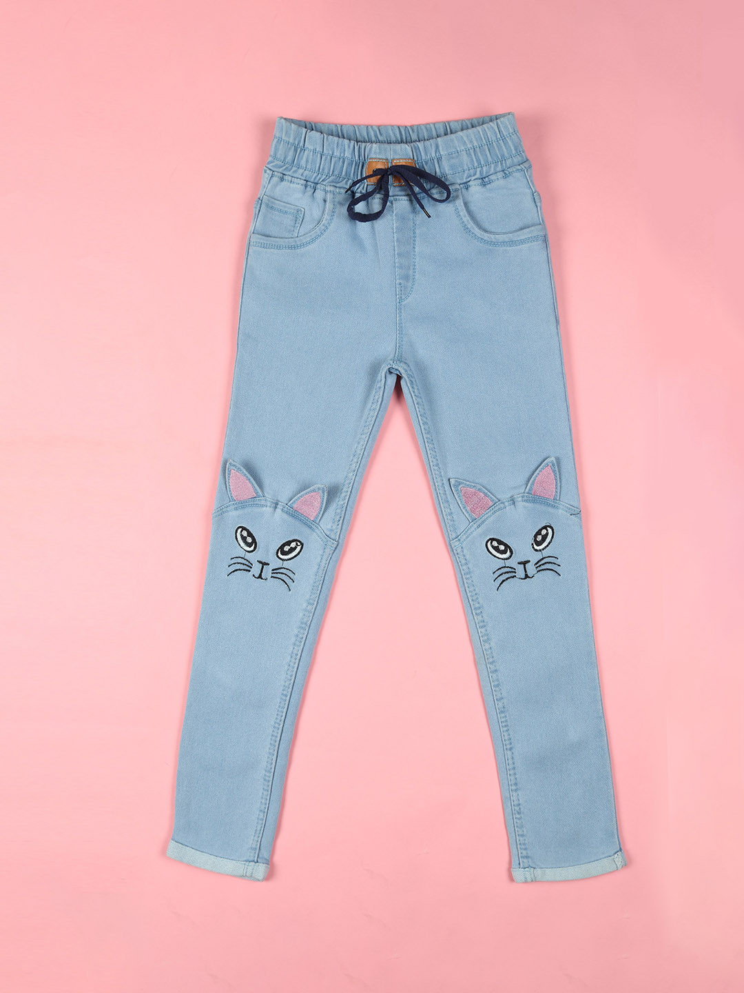 F2M Kids Slim Fit High-Rise Low Distress Light Fade Embroidered Jeans