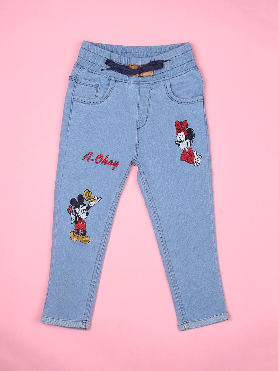 F2M Kids Slim Fit High-Rise Mildly Distressed Light Fade Mickey Mouse Embroidered Jeans