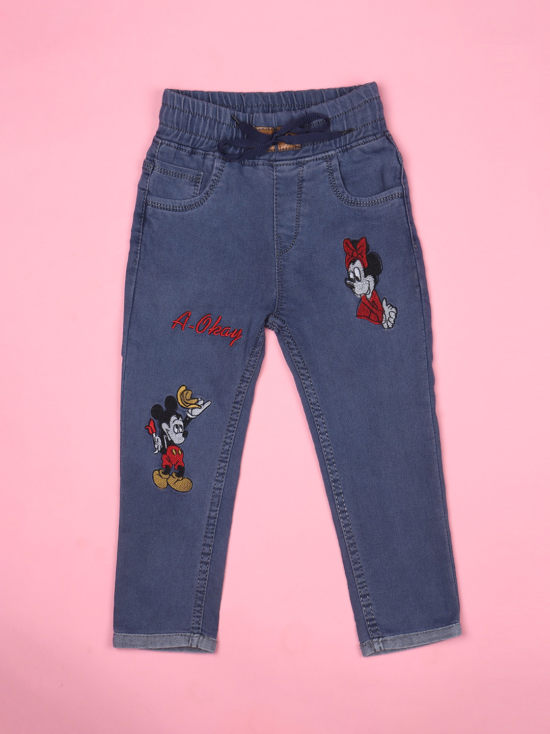 F2M Kids Slim Fit High-Rise Light Fade Minnie Mouse Embroidered Stretchable Jeans