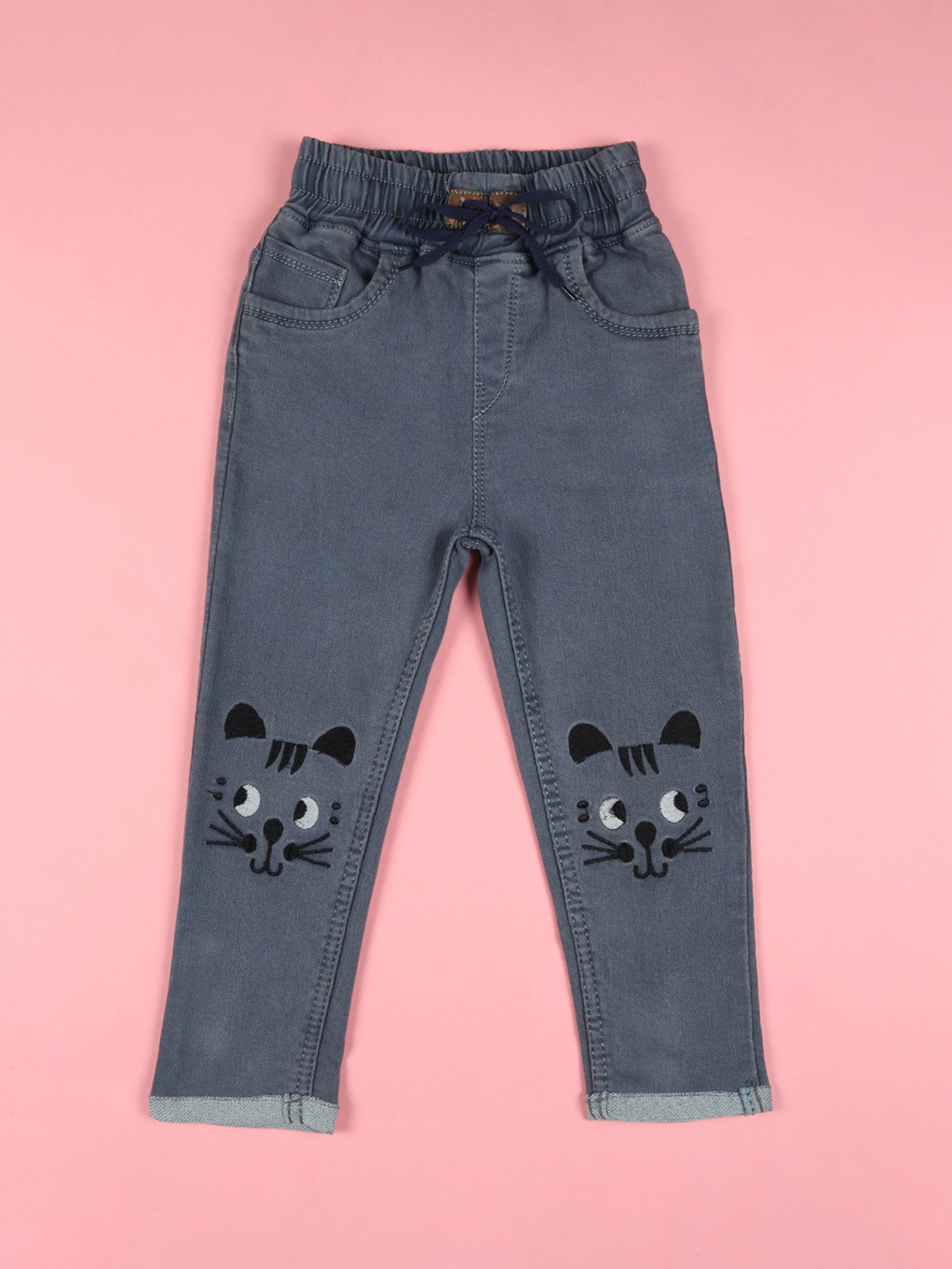 F2M Kids Slim Fit High-Rise Light Fade Embroidered Stretchable Jeans