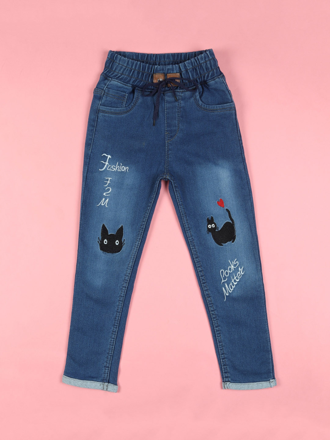 F2M Kids Slim Fit High-Rise Heavy Fade Clean Look Embroidered Stretchable Jeans