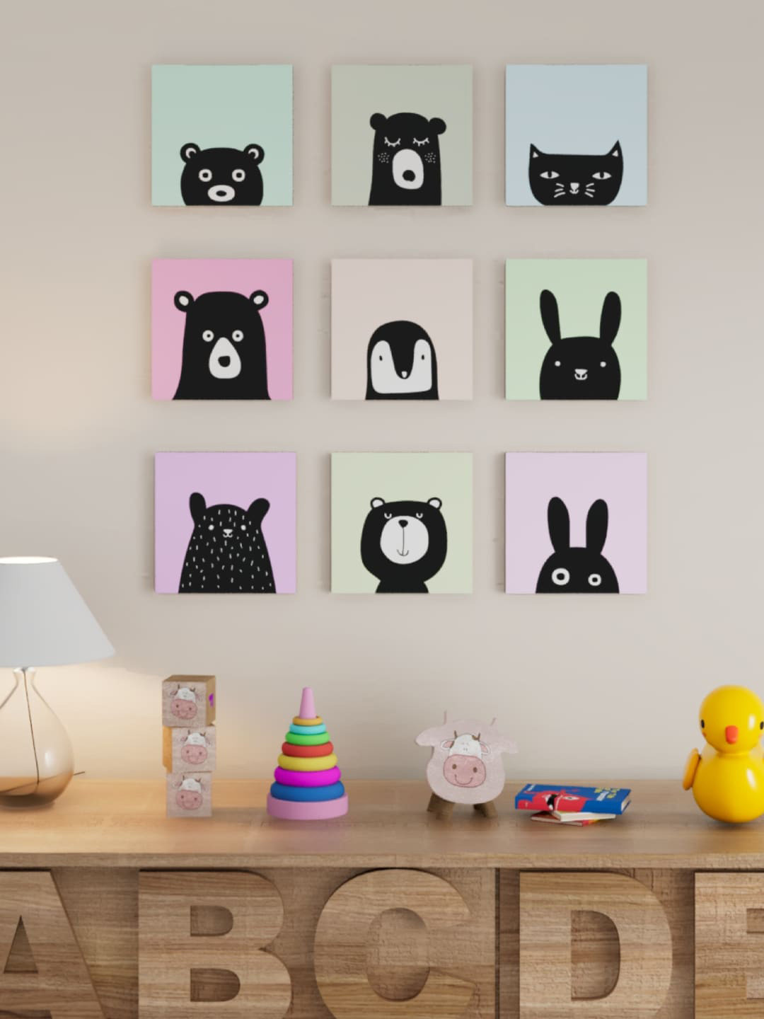 Art Street Black & Pink 9 Pieces Bear Square Wall Art