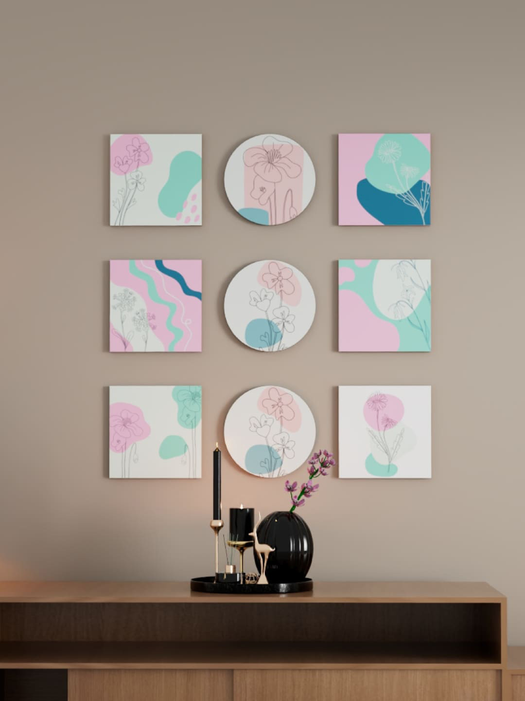 Art Street White & Pink 9 Pieces Bohemian Modern Painting Wall Arts