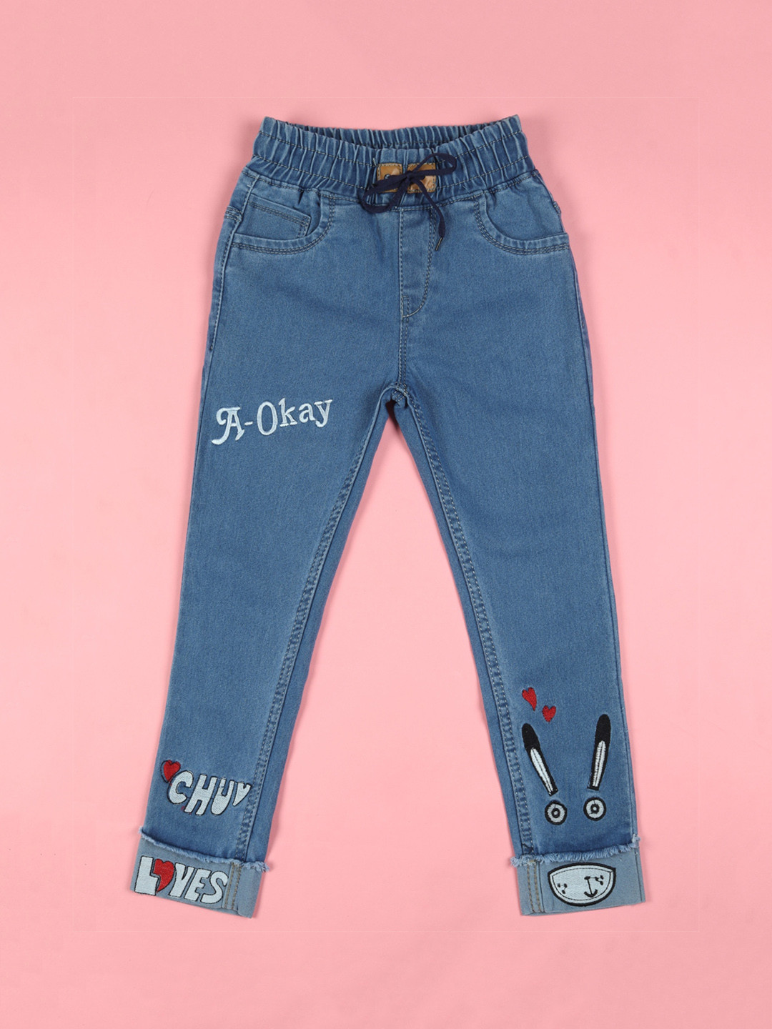 F2M Girls Blue Slim Fit High-Rise Clean Look Light Fade Embroidered Jeans