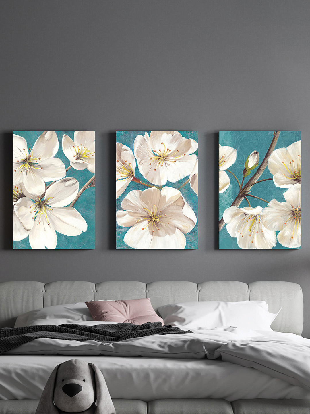 Art Street White & Blue 3 Pieces Blossom Apricot Flower Painting Framed Wall Art
