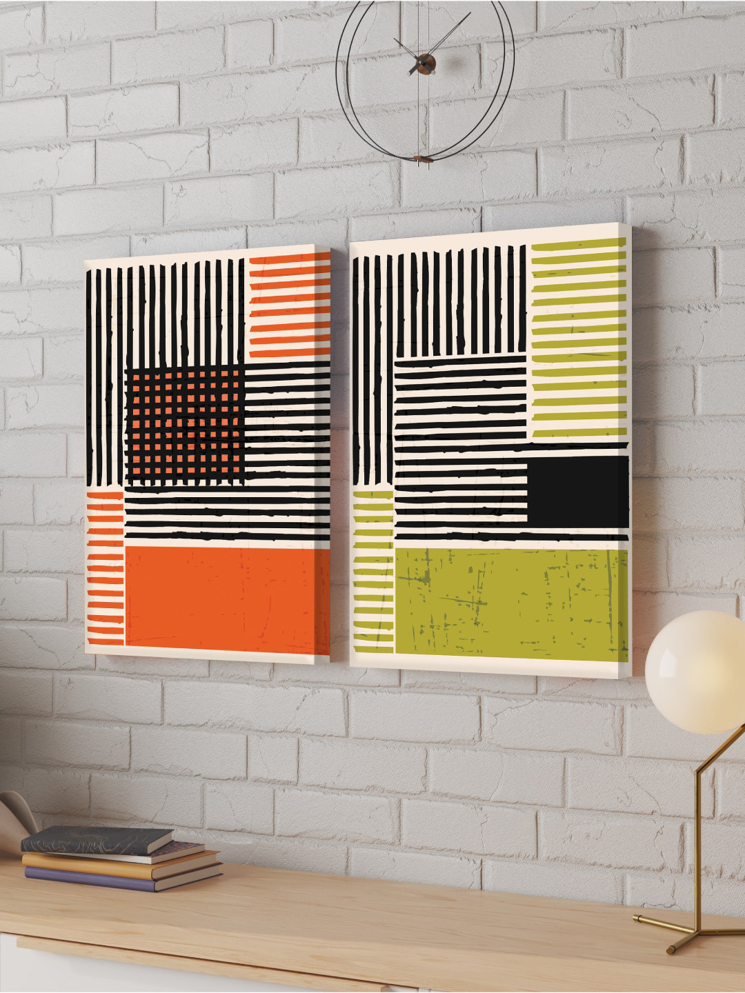 Art Street White & Red 2 Pieces Striped Color Painting Framed Wall Art