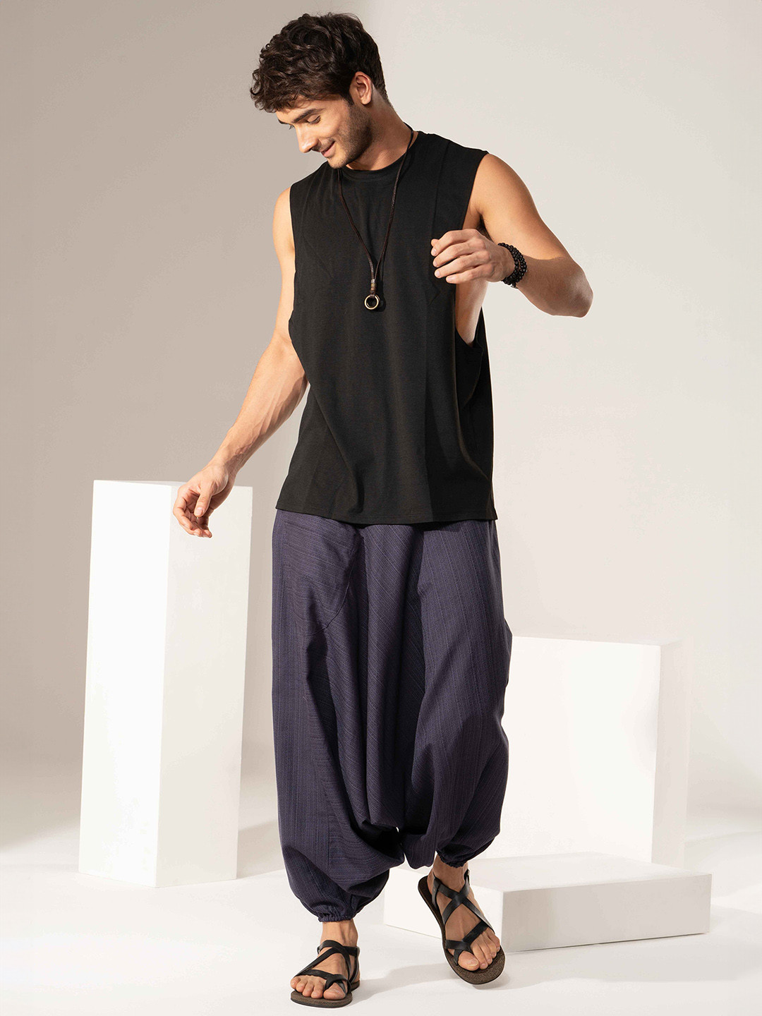 The Veshti Company Men Self Design Loose Fit Cotton Harem Pants