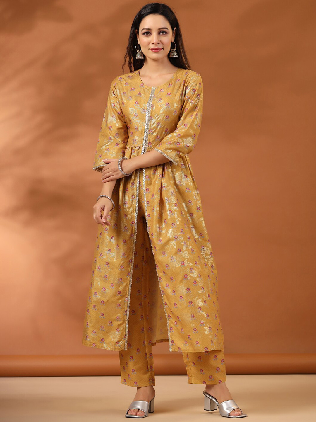 Jaipur Kurti Mustard Ethnic Motifs Printed Sequinned High Slit Kurta With Trousers