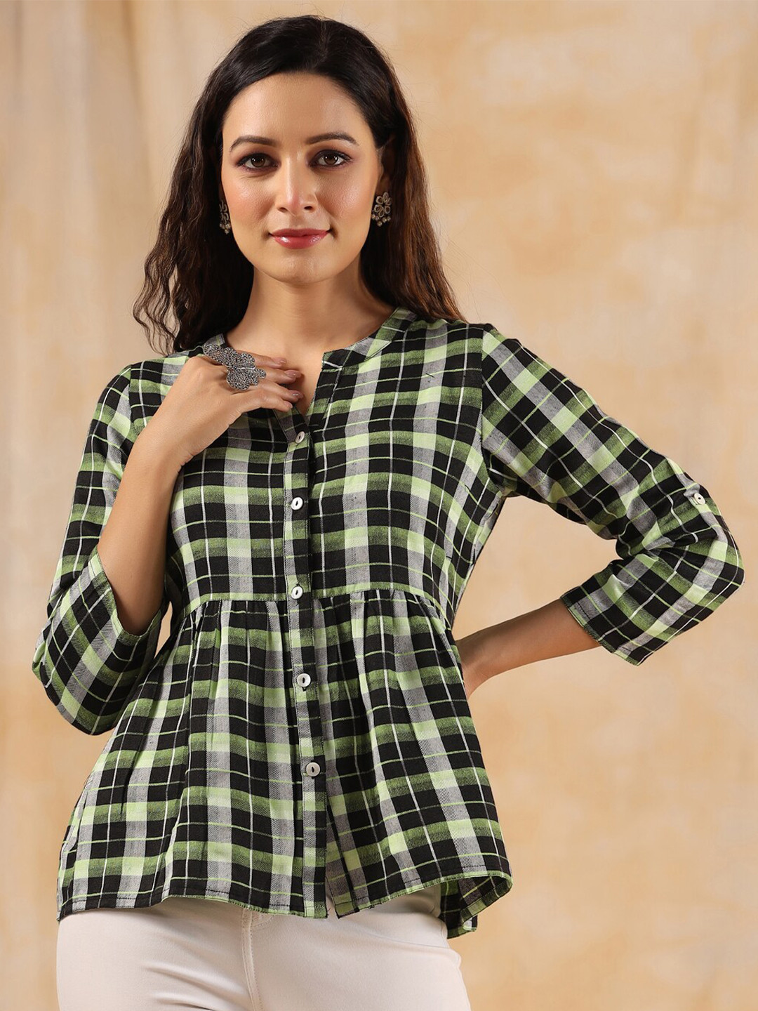 Jaipur Kurti Women Checks Cotton Gathered Shirt