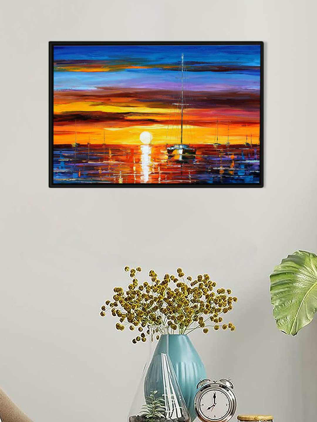 Art Street Black & Blue Calm Sunset Landscape Painting Wall Art