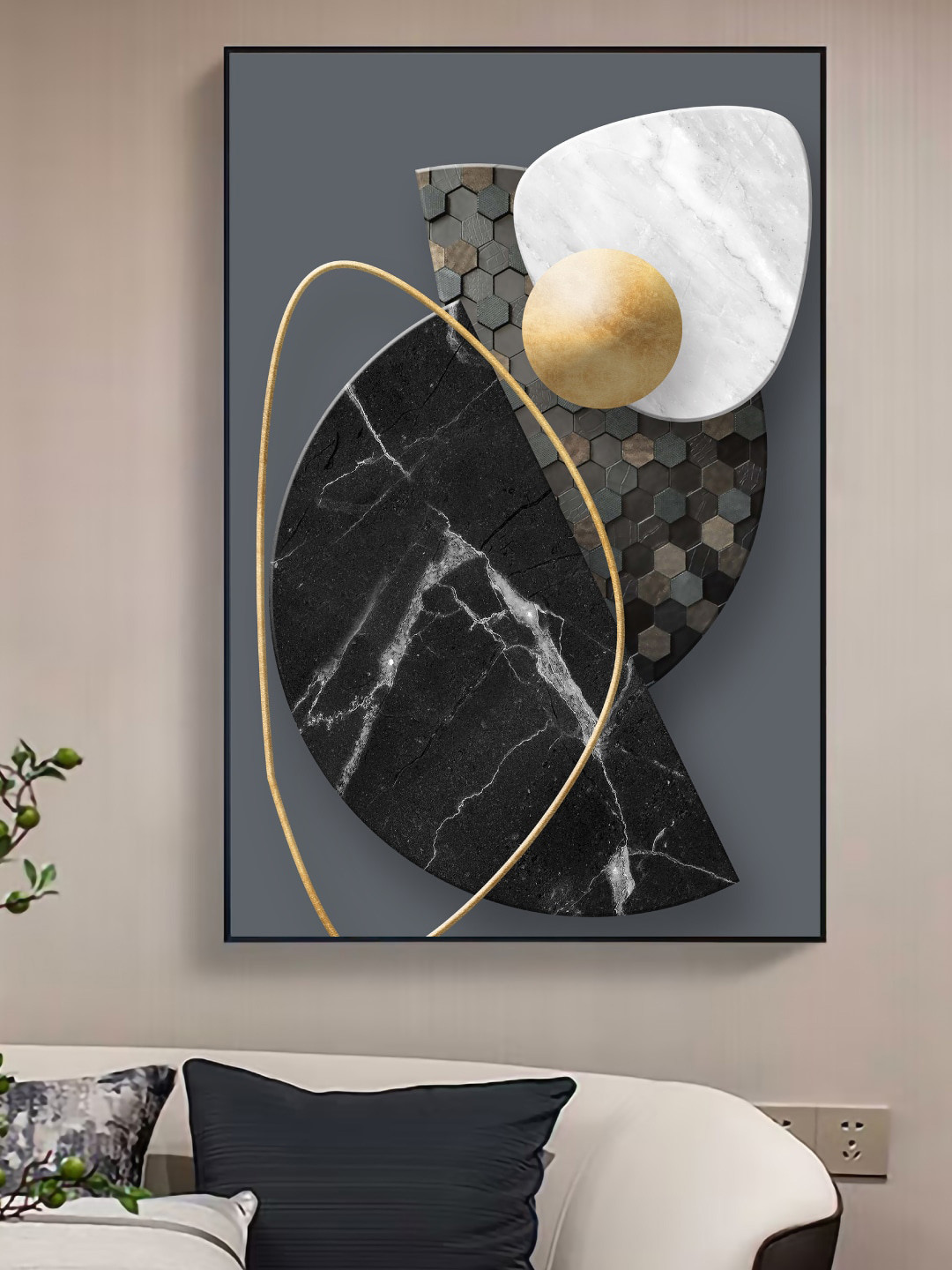 Art Street Black & Grey Abstract Marble Curves Geometric Printed Canvas Wall Art