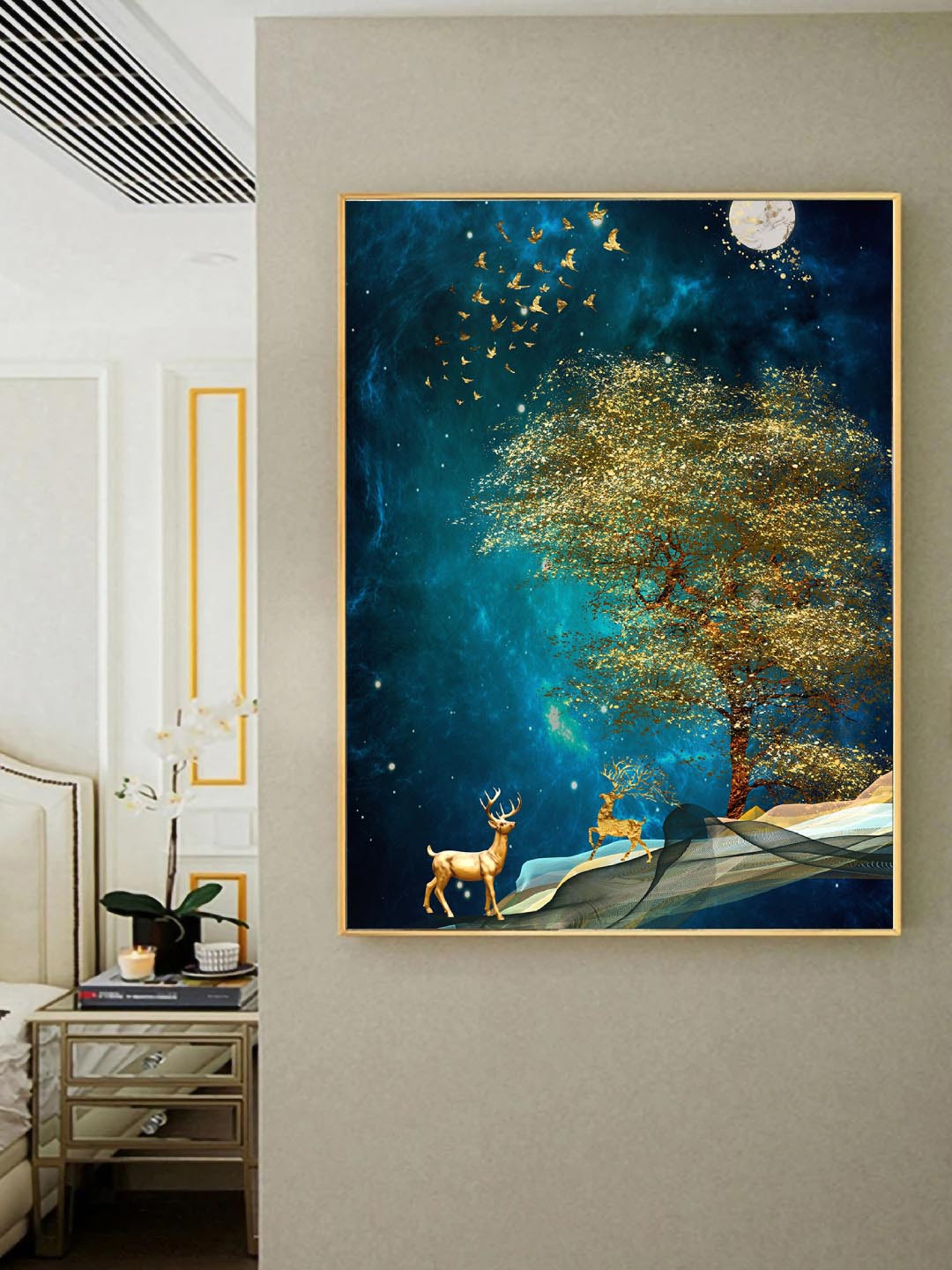 Art Street Blue Cool Space Nordic Deer Style Framed Painting Wall Art