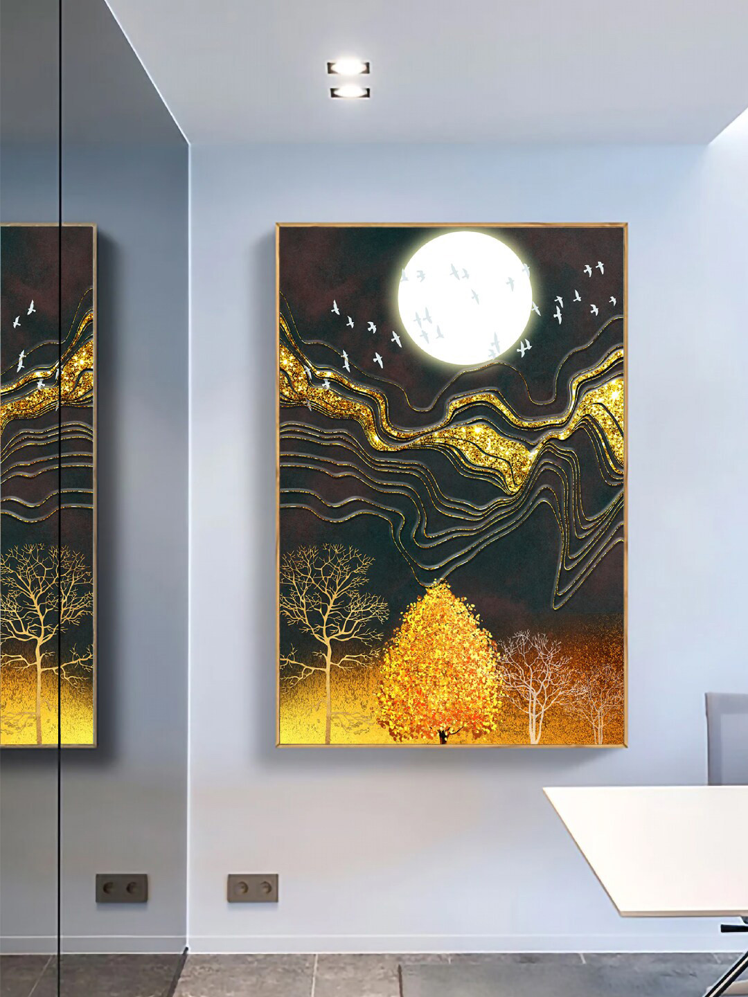 Art Street Black & White Moon On Gold Line Mountain Framed Wall Art