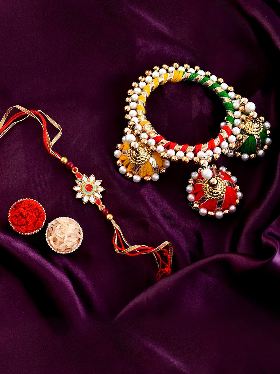 Shoshaa Kundan Bhaiya Bhabhi Rakhi Multi Beaded Bangle with Roli Chawal