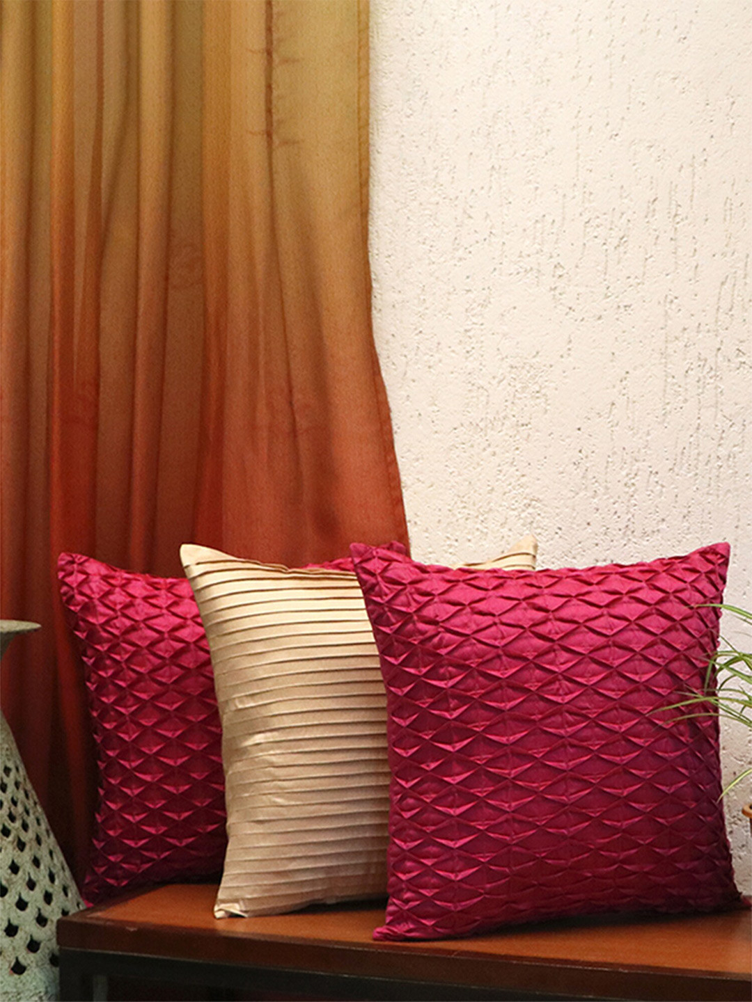 ZEBA Quick-Dry Self Design Polyester Anti-Wrinkle 3 Pcs Textured Cushion Covers -16x16In